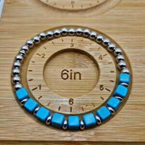 Turquoise & Silver-Tone Beaded Stretch Bracelet - 6 Inches